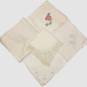Vintage lot of 5 Handkerchief With Embroidered & Lace Details Craft repurpose
